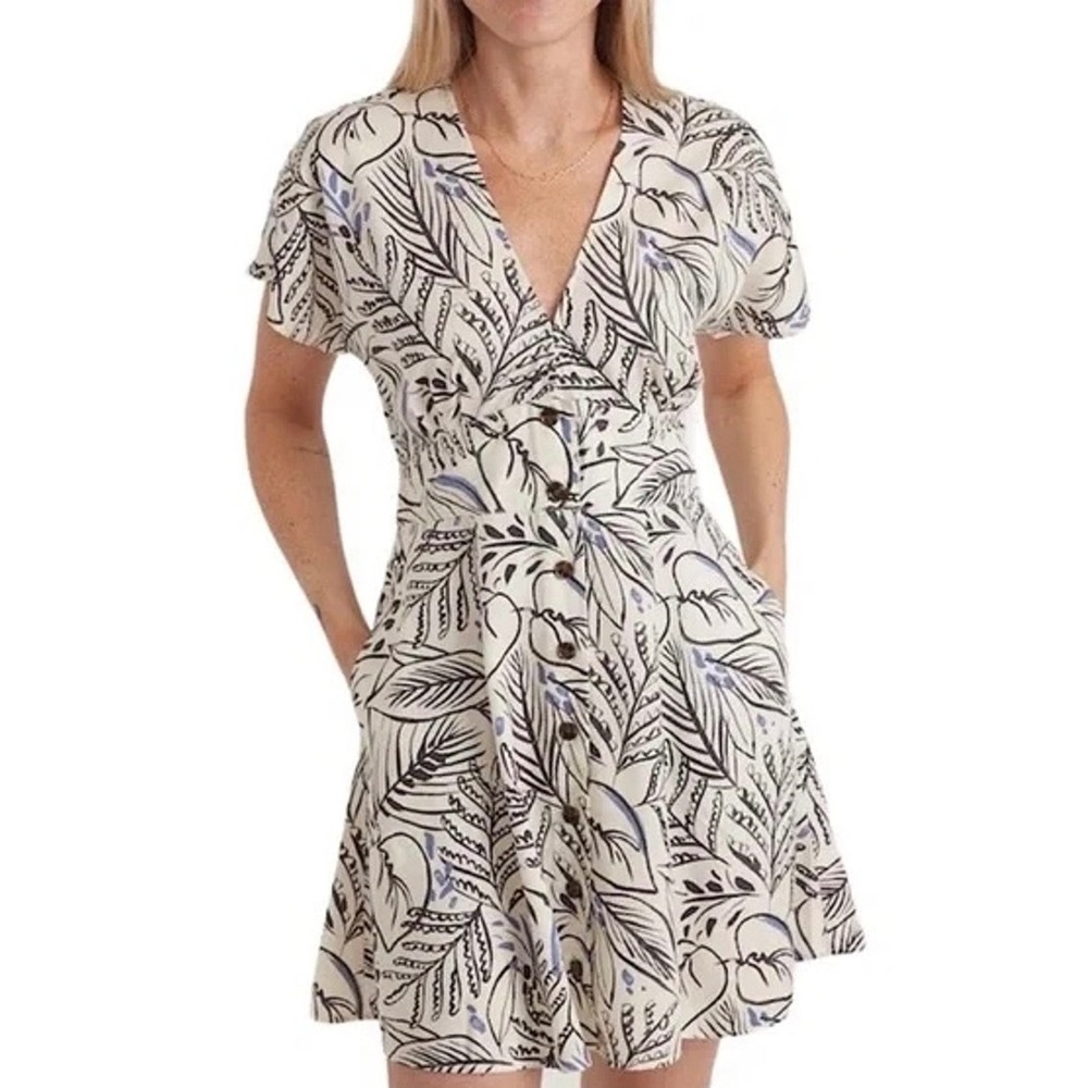 Marine Layer Tencel Tropical Leaf Print Button Front Mini Dress White Purple S